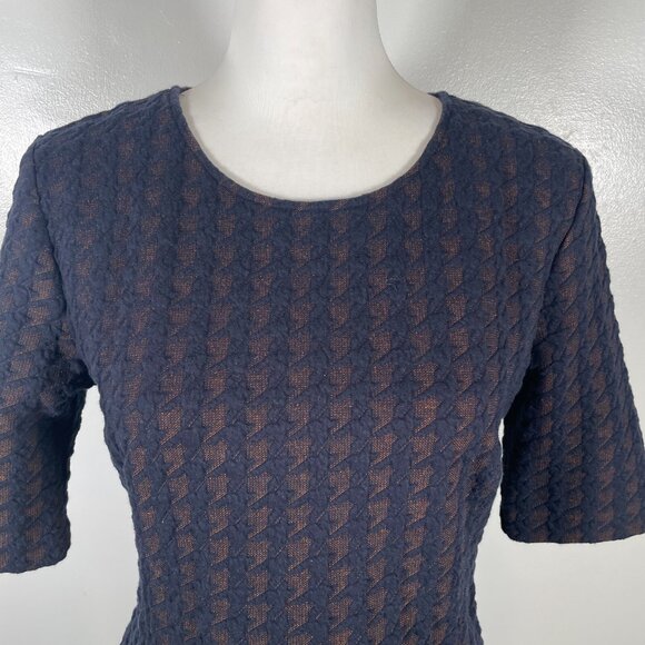 Ann Taylor Knit Top Womens Small Navy Brown Textured Fitted Short Sleeve Stretch - Picture 3 of 16